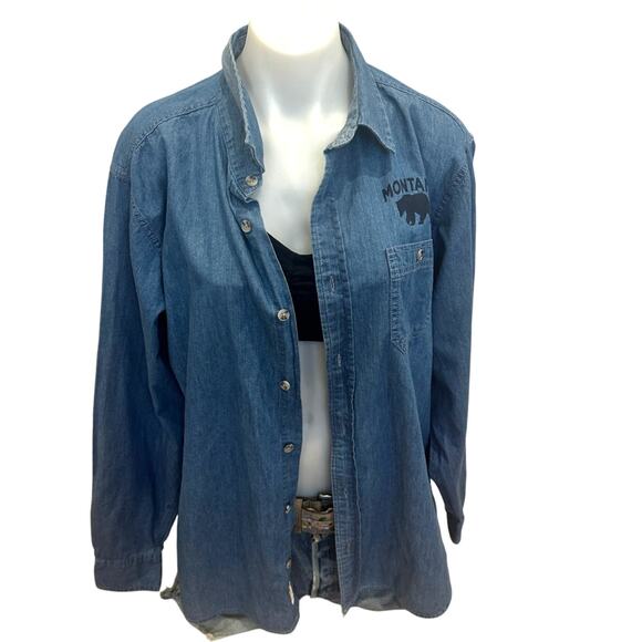 Montana State University Bobcats Denim Button Down Shirt LARGE Football Chambray - Picture 3 of 6